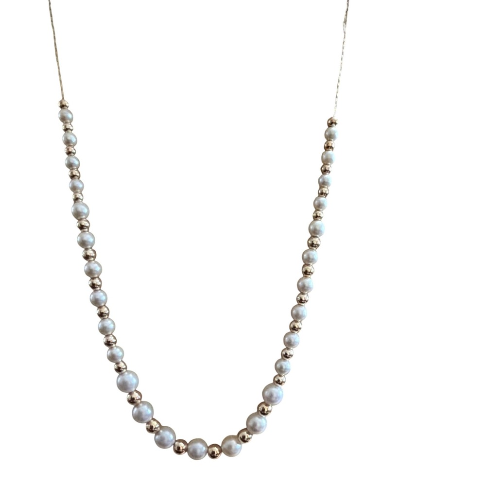 Faux Pearl and Gold‎ Tone Bead Necklace  Magnetic Clasp  Cream White Elegant